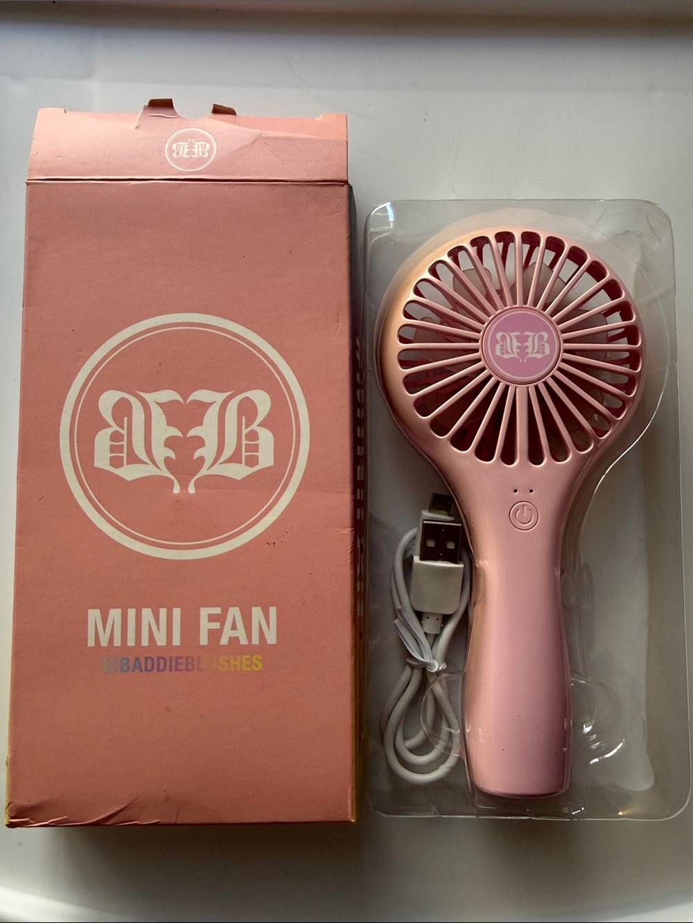 Rose Pink Mini Handheld Fan with Branded Emblem